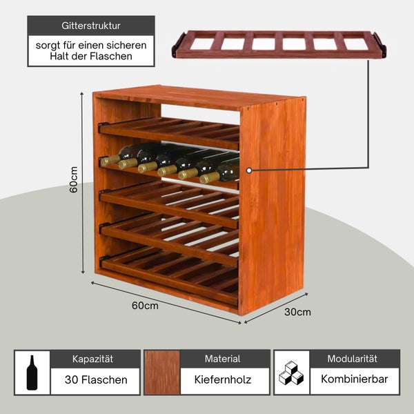 Weinregal aus Kiefernholz für 30 Flaschen, Maße 60 mal 60 mal 30 Zentimeter, Gitterstruktur für sicheren Halt, modular kombinierbar.