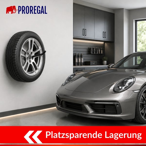 Proregal Logo. Reifenhalterung für die Wandmontage in einer modernen Garage mit einem Auto zur platzsparenden Lagerung von Autoreifen.