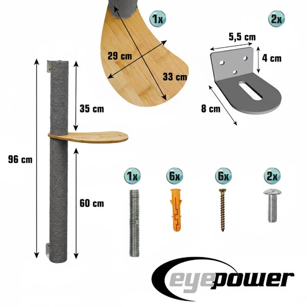 Technische Zeichnung eines Eyepower Katzenkratzbaums zur Wandmontage mit Maßen und Montagematerial.