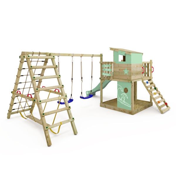 WICKEY Spielturm Klettergerüst Smart Surf mit Schaukel und Rutsche, Kletterturm mit Sandkasten, Leiter und Spiel-Zubehör – pastellgrün