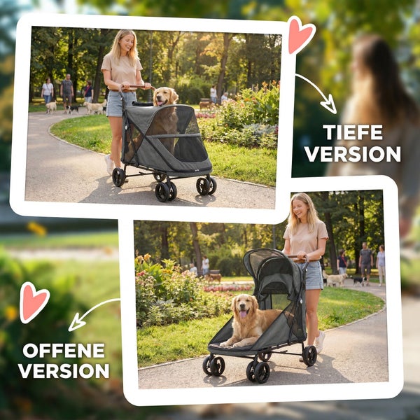 Hundebuggy in tiefer und offener Version mit Golden Retriever und Frau in einem Park.