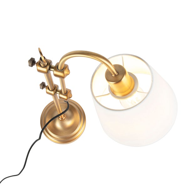 Tischleuchte mit Stoffschirm und verstellbarem Messinggestell