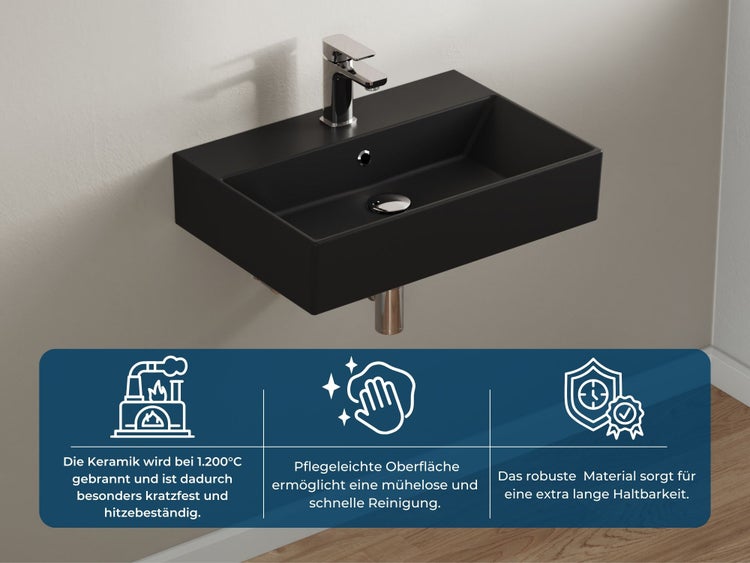 Aqua Bagno Loft Waschbecken KS.AN.60 – 60 x 42 cm – Schwarz Matt – Keramikbecken mit Hahnloch & Überlauf