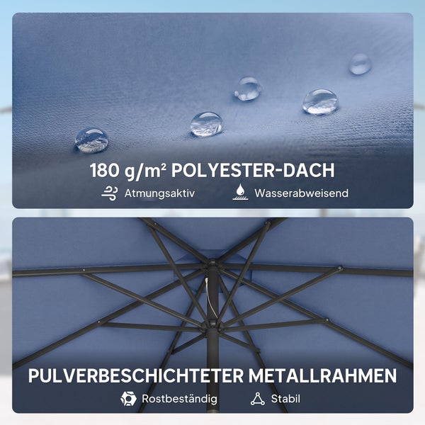 Blauer Sonnenschirm mit einziehbarer Rippenkonstruktion auf einem Standfuß, Detailansicht einer Handkurbel mit Auf- und Ab-Markierung.