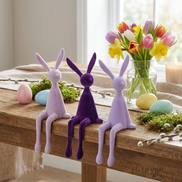 Drei sitzende Osterhasen aus beflocktem Material auf einem Holztisch mit Frühlingsblumen und Ostereiern als Dekoration.