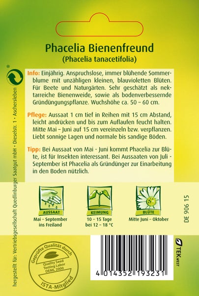 Rückseite einer Samentüte für Phacelia Bienenfreund mit Informationen zu Aussaat, Keimung, Blütezeit sowie Pflegehinweisen und Qualitätslogos.
