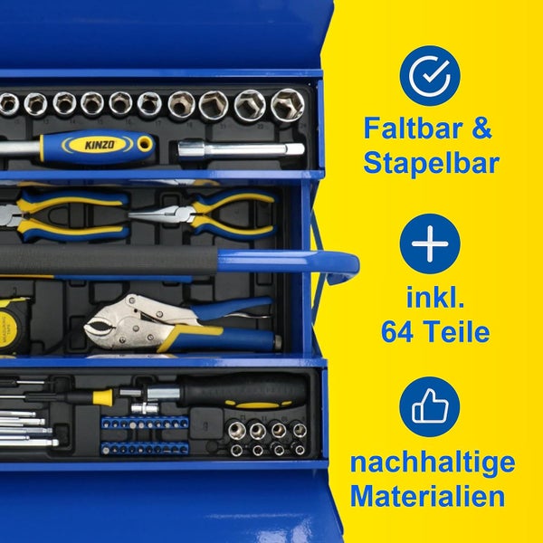 JUNG KINZO Werkzeugkoffer gefüllt 64 tlg, Werkzeug Set für den Haushalt, Werkzeugkasten Metall mit 4 Fächern, platzsparend, Werkzeugbox
