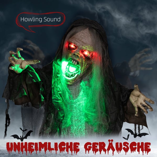 HOMCOM 183cm Halloween Dekoration Hängendes Monster mit grün LED-Lichter, Soundfunktion, Haustür Deko mit verstellbare Arme, Garten Dekofigur in Lebensgröße für Party