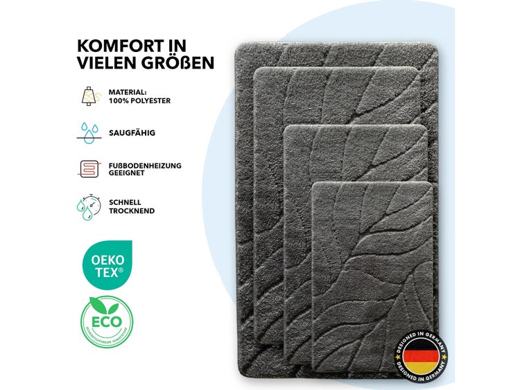 FLOORDIREKT Badematte Maris - Flauschiger Badvorleger mit Blattstruktur - Dunkelgrau - 40 x 60 cm