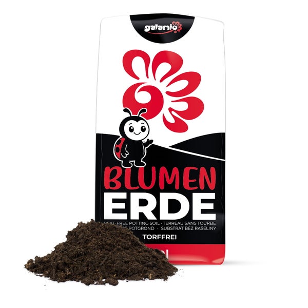 Galamio torffreie Blumenerde, Beutel mit einer Probe loser Erde davor.