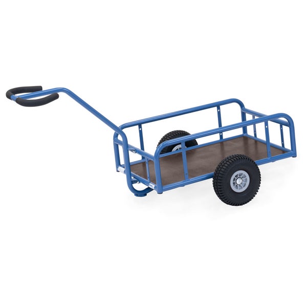 Blauer Handwagen mit zwei Luftreifen, gepolstertem Handgriff und brauner Ladefläche aus Holz.