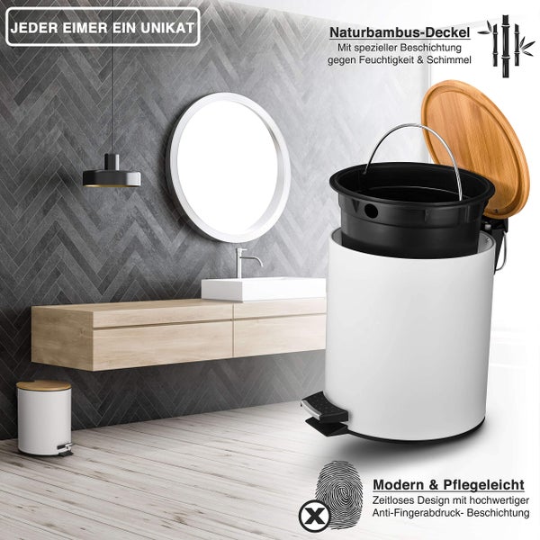 VMbathrooms 5L Kosmetikeimer in edlem weißem Design | Tretmülleimer mit Absenkautomatik (Soft Close) | Eleganter Eimer fürs Bad mit Innenbehälter und Bambus-Holzdeckel