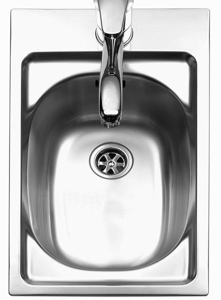 Einbauwaschbecken aus Edelstahl mit integrierter Mischbatterie in der Draufsicht.