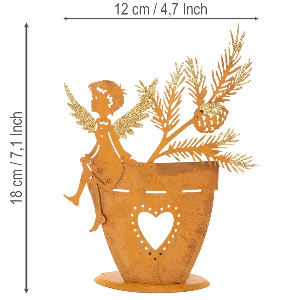 Metalldekoration in Rostoptik mit Engel, Herz und Tannenzweigen. Höhe 18 Zentimeter, Breite 12 Zentimeter.