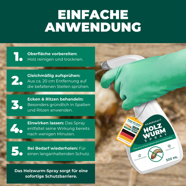 Silberkraft Holzwurmspray mit Anwendungshinweisen