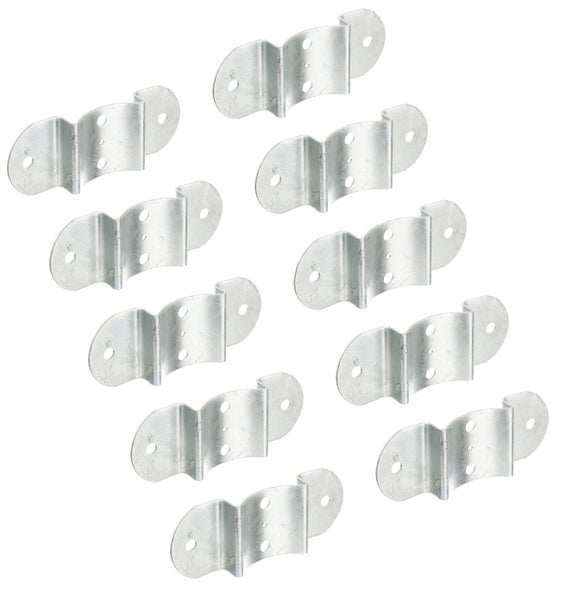 Set aus zehn verzinkten Metallverbindern mit Bohrungen zur stabilen Montage von Holzpfosten.
