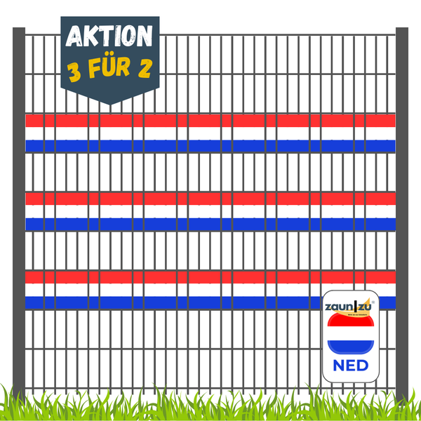 Zaun mit Dekorband und Aktionshinweis 3 für 2 sowie Zaun zu Logo