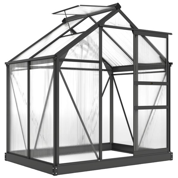 Anthrazitfarbenes Gewächshaus aus Aluminium und Polycarbonat, Schiebetür, Dachfenster. Maße: 190 Zentimeter Länge, 132 Breite, 201 Höhe.