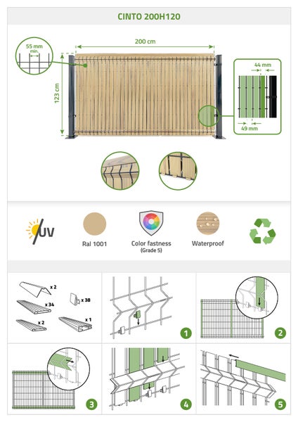 CINTO Zaunblende 200x120 cm mit Maßen, UV-beständig, Farbechtheit Grad 5, wasserfest und recycelbar, Montageanleitung in fünf Schritten