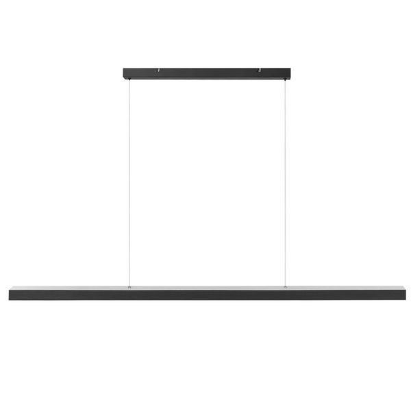 Schwarze lineare LED-Pendelleuchte mit langem rechteckigem Balken und Deckenbaldachin.