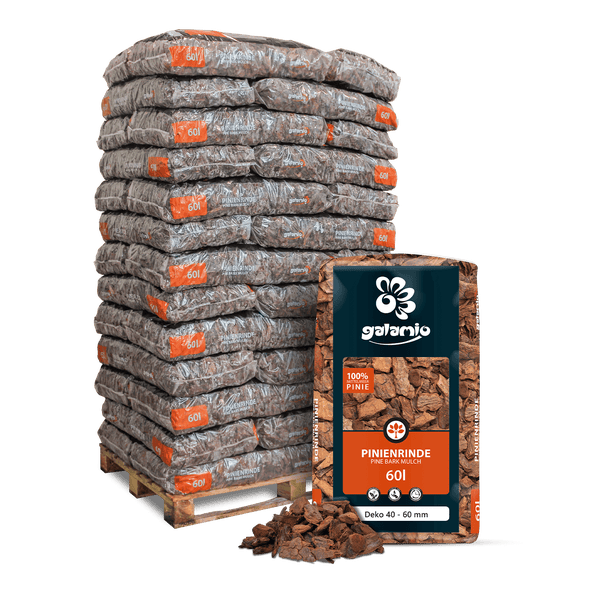 Galamio Pinienrinde auf Palette, Körnung 40 bis 60 Millimeter, 60 Liter Sack.