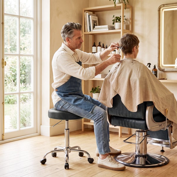 Ein Friseur schneidet einer Person in einem modernen, hellen Salon mit Holzmöbeln und Friseurstuhl die Haare.
