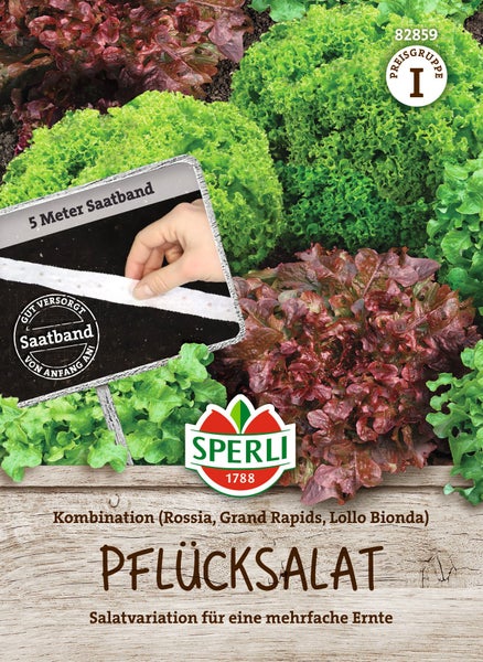 Sperli Pflücksalat Samenmischung Rossia Grand Rapids Lollo Bionda als Saatband für eine mehrfache Ernte im Garten.