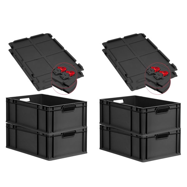 PROREGAL SuperSparSet 4x Eurobox NextGen Grip mit Scharnierdeckel und roten Schiebeschnappverschlüssen, HxBxT 22x40x60cm, 44 Liter, Schwarz, Griffe offen, Verstärkter Boden, Eurobehälter, Transportbox, Transportbehälter, Stapelbehälter