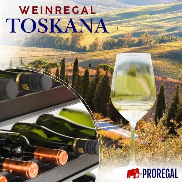 Weinregal Toskana mit liegenden Weinflaschen und einem gefüllten Weinglas vor einer toskanischen Hügellandschaft. Proregal Logo.