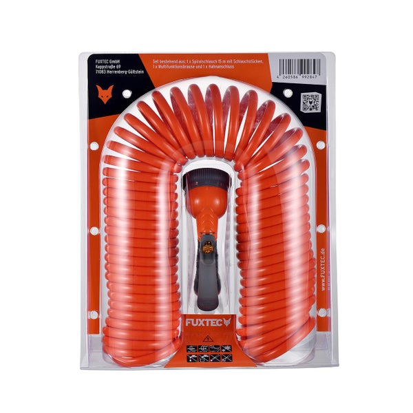 FUXTEC Spiralschlauch Set, bestehend aus 15 Meter Schlauch, Multifunktionsbrause und Hahnanschluss