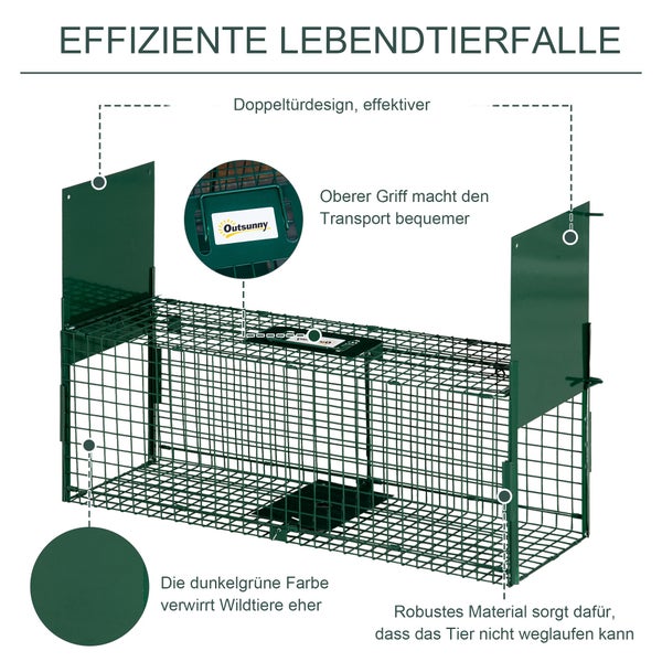 Outsunny Lebendfalle, Marderfalle mit Doppeltür, Griff, 80 x 25 x 30 cm, Stahl, Dunkelgrün