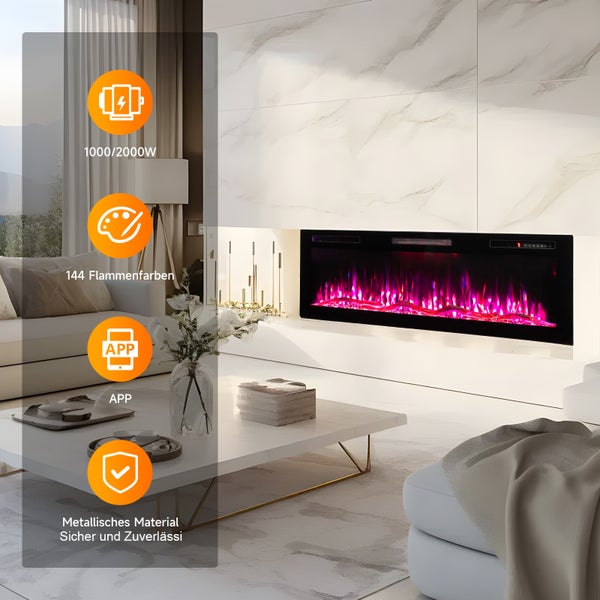 Wohnzimmer mit elektrischem Kamin, 1000/2000 Watt, 144 Flammenfarben, App-Steuerung, metallisches Material, sicher und zuverlässig.