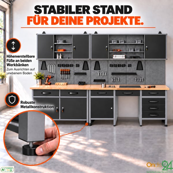 Modulare Werkbank mit Hängeschränken, Lochwänden und höhenverstellbaren Füßen für einen stabilen Stand auf unebenen Böden.