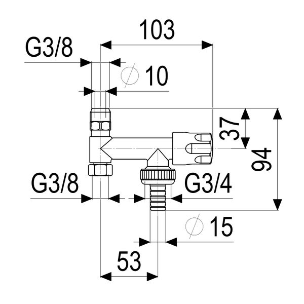 Technische Zeichnung eines Ventils mit Maßangaben in Millimetern und Gewindegrößen G 3/8 sowie G 3/4.