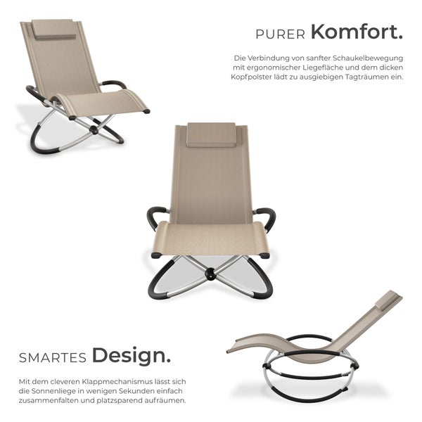 Beige Garten-Schaukelliege in verschiedenen Ansichten mit Kopfpolster und ergonomischer Liegefläche, klappbar für platzsparende Aufbewahrung.
