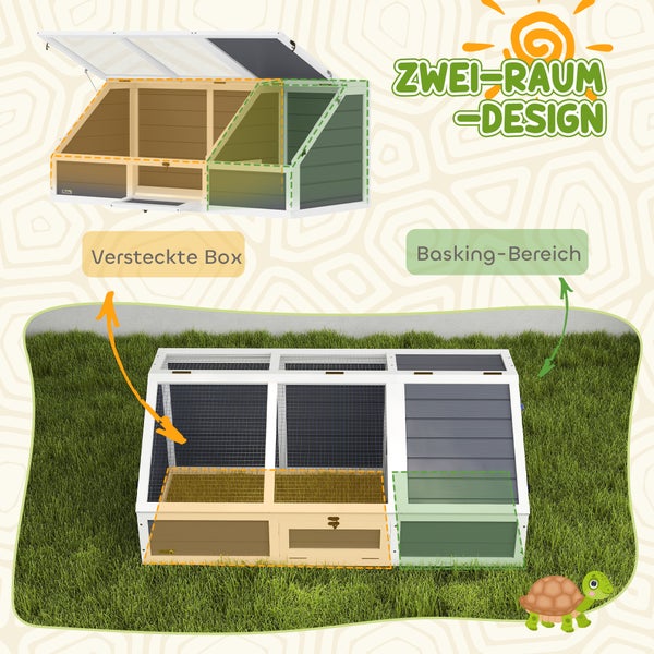 PawHut Schildkrötenhaus aus Holz, Schildkrötengehege mit zwei Haupthäusern, aufklappbarem Oberseite, Verschlüssel, Outdoor Reptilienkäfig für Kleintiere 120 x 55 x 50 cm, Hellgrau