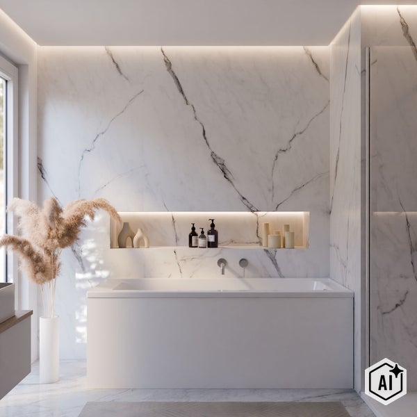 Modernes Badezimmer mit weißer Badewanne, Wänden in Marmoroptik, integrierter Nische mit indirekter Beleuchtung und dekorativen Pampasgräsern.