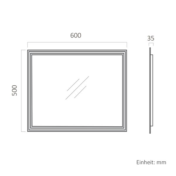 Maßzeichnung eines rechteckigen Spiegels mit einer Breite von 600 Millimeter, einer Höhe von 500 Millimeter und einer Tiefe von 35 Millimeter.