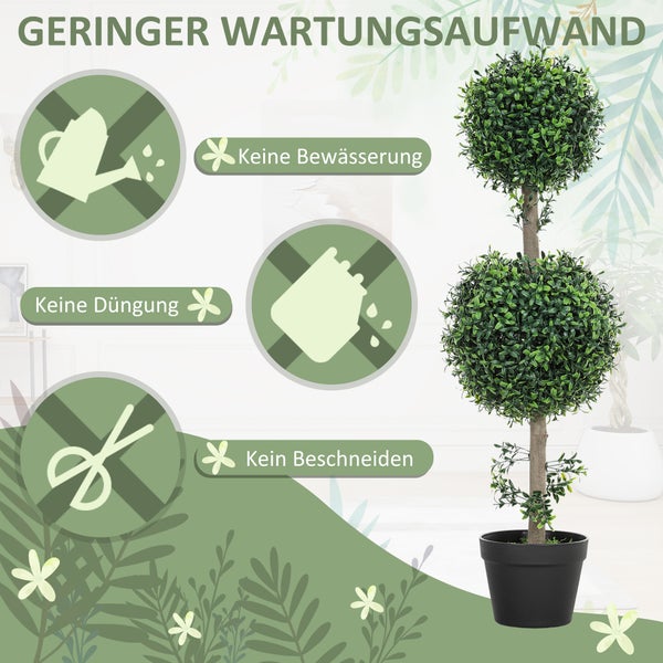 Künstlicher Buchsbaum mit zwei Kugeln im Topf. Grafik zeigt: kein Gießen, kein Düngen und kein Beschneiden erforderlich für geringe Wartung.
