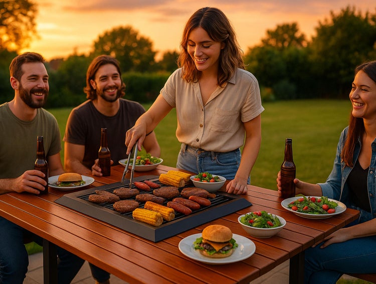 Grillparty im Freien mit Tischgrill, Burgern, Würstchen und Maiskolben