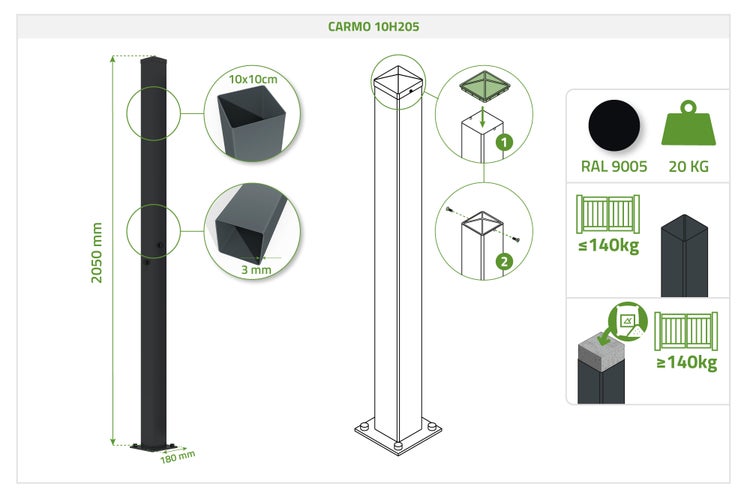 Quadratischer Metallpfosten Carmo 10H205, Höhe 2050 Millimeter, 10 mal 10 Zentimeter, Wandstärke 3 Millimeter. Belastbar bis 140 Kilogramm.