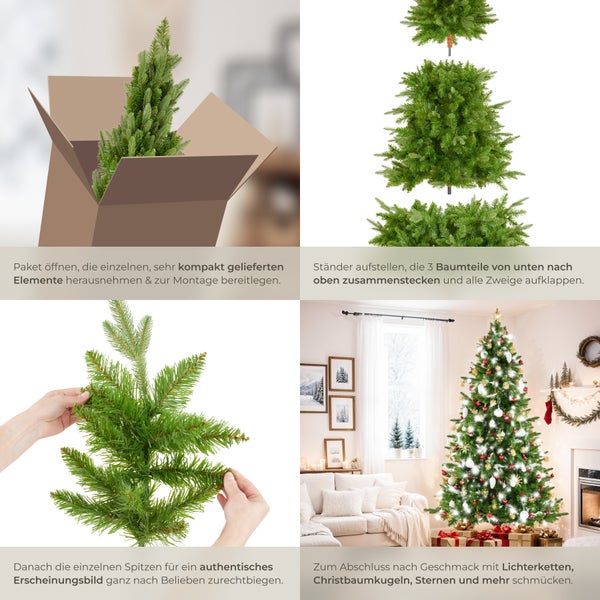 Anleitung zum Aufbau eines künstlichen Weihnachtsbaums in vier Schritten.