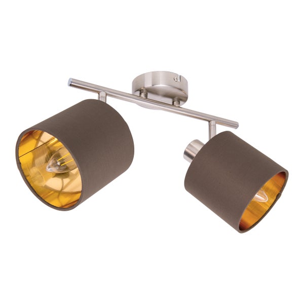 2er Wand- und Deckenleuchte MARON aus Metall satiniert-matt mit Stoffschirmen  in Braun, mit E14-Fassung, Lampe für Wohnzimmer, Esszimmer, Flur und Büro,  46 x 12 cm