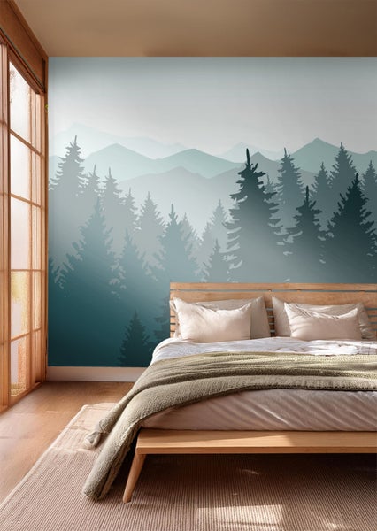 Schlafzimmer mit Fototapete mit Waldmotiv und Holzbett