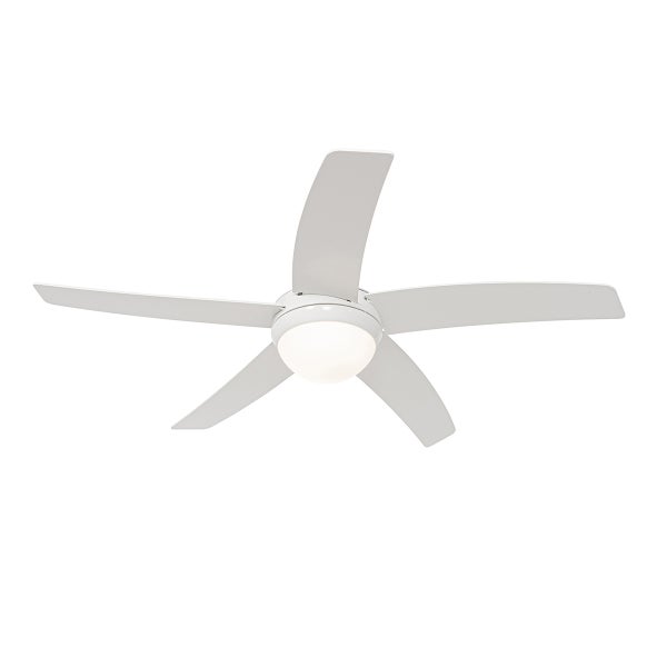 Moderner weißer Deckenventilator mit fünf Flügeln und integrierter Beleuchtung.