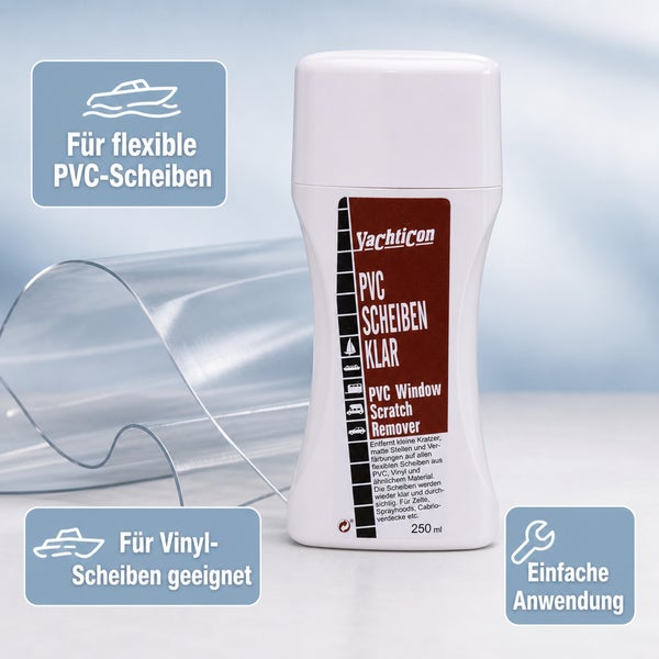 Yachticon PVC Scheiben Klar Kratzerentferner für flexible PVC Scheiben in einer Flasche mit 250 Milliliter Inhalt.