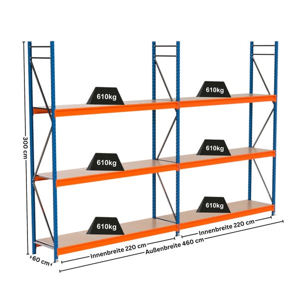 Regalsystem mit drei Ebenen und Belastungsgewichten zur Demonstration der Tragfähigkeit