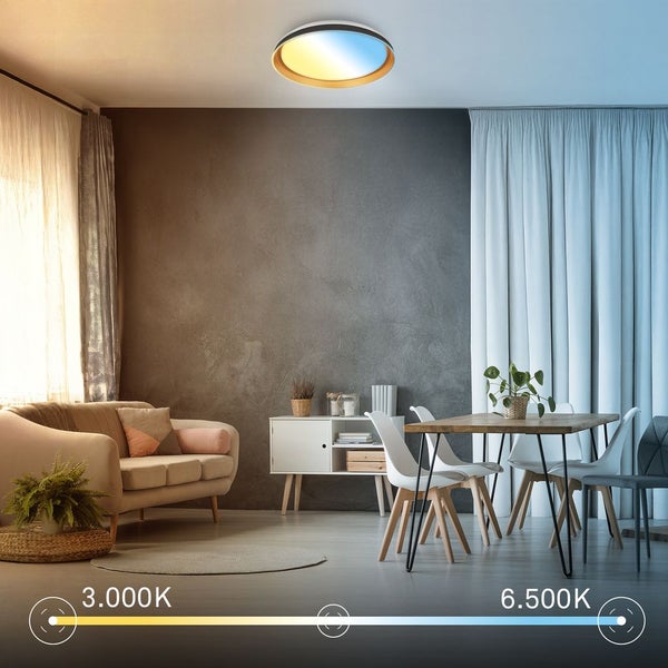 LED Deckenleuchte im Wohnzimmer mit einstellbarer Farbtemperatur von 3000 Kelvin warmweiß bis 6500 Kelvin tageslichtweiß.
