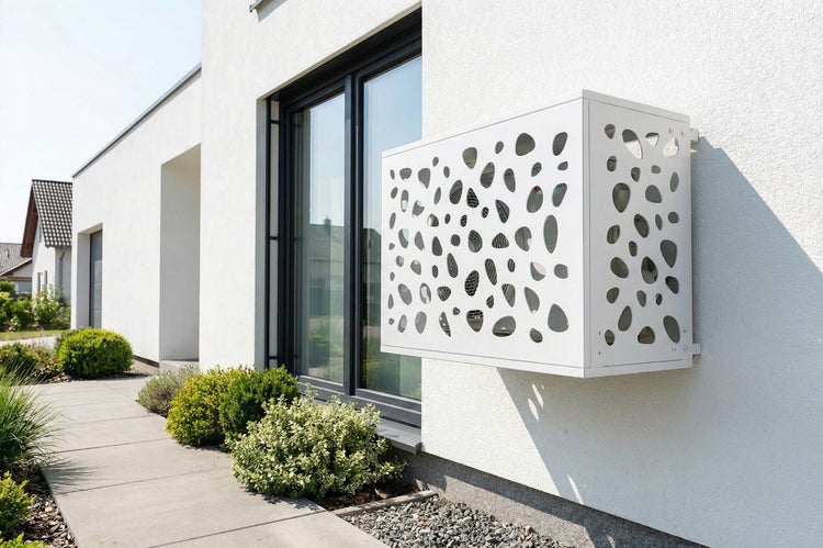 Verkleidung für Klimaanlage mit dekorativem Lochmuster an Hauswand