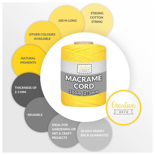 Creative Deco Makramee-Garn aus Baumwolle, 100 Meter lang, 2 bis 3 Millimeter dick, natürliche Pigmente, wiederverwendbar, Creative Deco Logo.